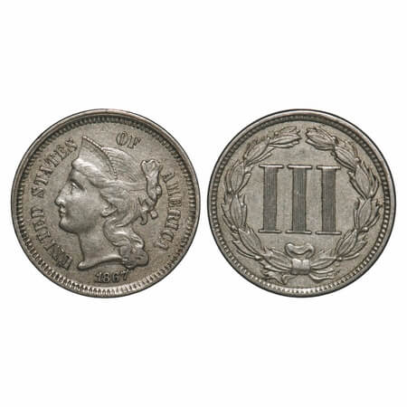 United States, Cu-Ni 3 Cents, 2.08g, Obv: Female portrait left, date below, UNITED STATES 