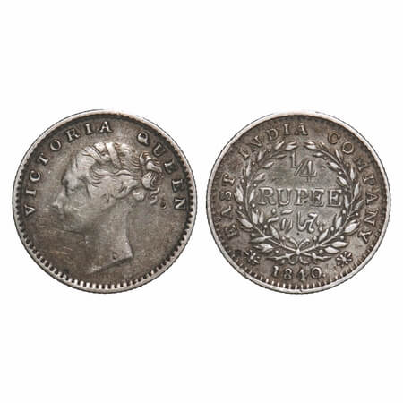 Victoria Queen, Silver, 1/4 Rupee, 1840, CL, Madras Mint, A(a)/I, 'S' incused and 'V' rais