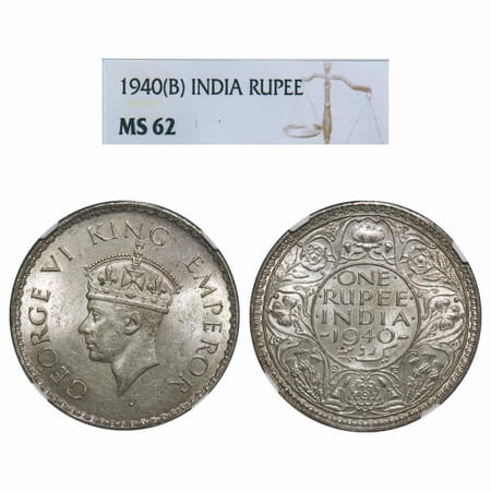 George VI, Half Silver, Rupee, 1940, Bombay Mint, A(a)/I, Dot, Security edge, Rev boarder 