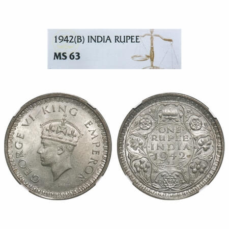 George VI, Half Silver, Rupee, 1942, Bombay Mint, B(a)/II, Diamond, Security edge. F. Prid