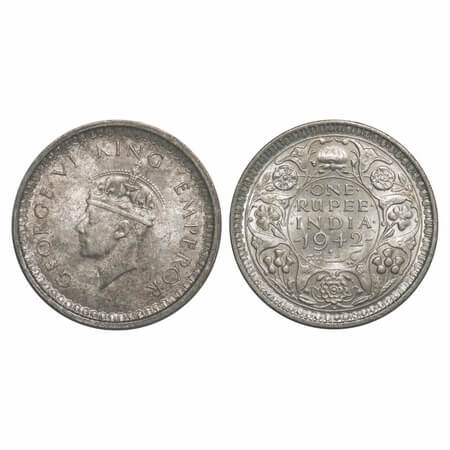 George VI, Half Silver, Rupee, 1942, Bombay Mint, B(a)/II, Diamond, Security edge. F. Prid