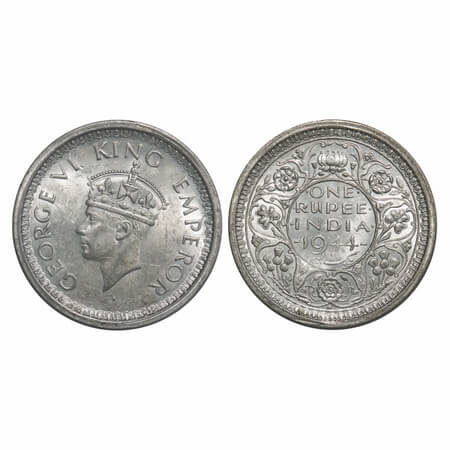 George VI, Half Silver, Rupee, 1944, Bombay Mint, B/II, Dot, Security edge. F. Prid 245. G
