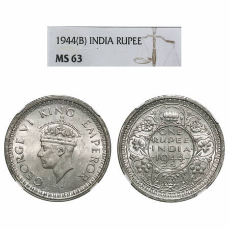 George VI, Half Silver, Rupee, 1944, Bombay Mint, D/II, Dot, Security edge. F. Prid 245. G