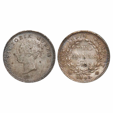 Victoria Queen, Silver, 2 Annas, 1841, CL, Calcutta Mint, A(a)/I, Wreath with 16 Berries (