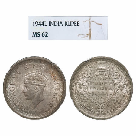 George VI, Half Silver, Rupee, 1944, Lahore Mint, D/II, 'L' raised, Security edge, Thin 'L