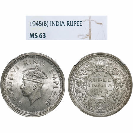 George VI, Half Silver, Rupee, 1945, Bombay Mint, D/II, Dot, Security edge, Normal 5. F. P