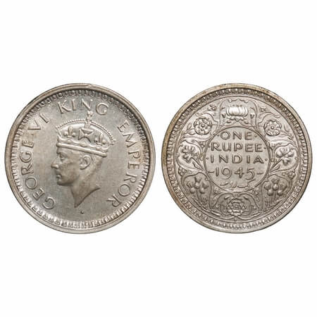 George VI, Half Silver, Rupee, 1945, Bombay Mint, D/II, Dot, Security edge, Large 5. F. Pr