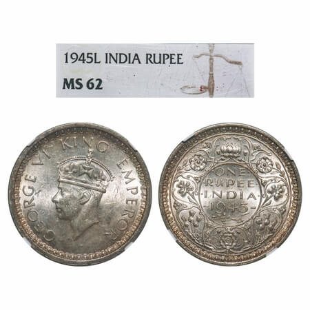 George VI, Half Silver, Rupee, 1945, Lahore Mint, D/II, 'L' raised, Security edge, Normal 