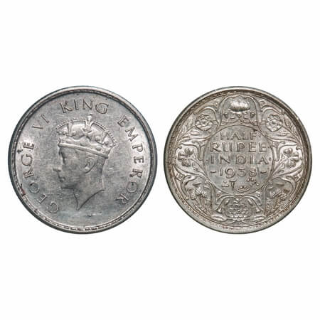 George VI, Silver, Half Rupee, 1938, Bombay Mint, A/I, Dot, Head Type I, Milled edge. F. P