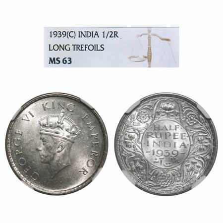 George VI, Silver, Half Rupee, 1939, Calcutta Mint, A/I, No dot, Head Type I, Milled edge.