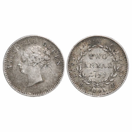 Victoria Queen, Silver, 2 Annas 1841, CL, Calcutta Mint, A(a)/I, Plain edge. F. Prid 115. 