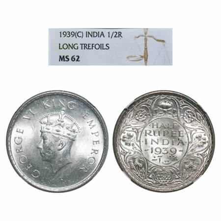 George VI, Half Silver, Half Rupee, 1939, Calcutta Mint, A/I, No dot, Head Type I, Milled