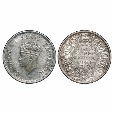 George VI, Half Silver, Half Rupee, 1940, Bombay Mint, A(a)/I, Dot, Head Type II, Milled e