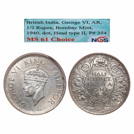 George VI, Half Silver, Half Rupee, 1940, Bombay Mint, A(a)/I, Dot, Head Type II, Milled e