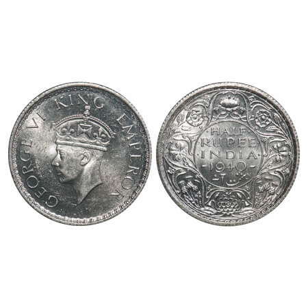 George VI, Half Silver, Half Rupee, 1940, Calcutta Mint, A(a)/I, No dot, Head Type II, Mil