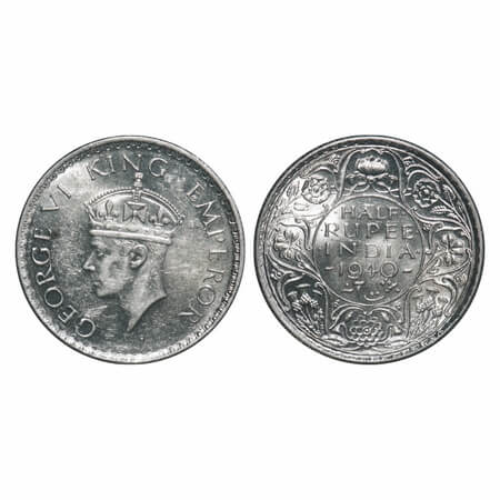 George VI, Half Silver, Half Rupee, 1940, Calcutta Mint, A(a)/I, No dot, Head Type II, Mil