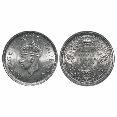 George VI, Half Silver, Half Rupee, 1942, Bombay Mint, A(a)/II, Dot, Head Type II, Securit