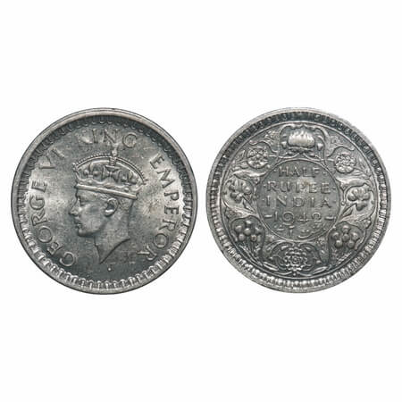 George VI, Half Silver, Half Rupee, 1942, Bombay Mint, B/II, Dot, Head Type II, Security e