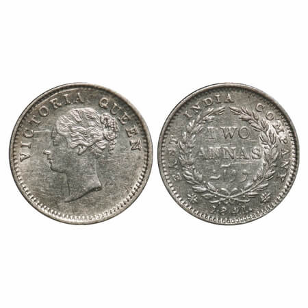 Victoria Queen, Silver, 2 Annas, 1841, CL, Madras Mint, A(a)/I, 'S' incused, Plain edge. F