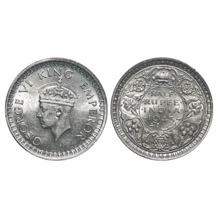 George VI, Half Silver, Half Rupee, 1943, Bombay Mint, B/II, Dot, Head Type II, Security e