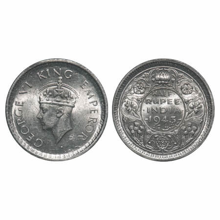 George VI, Half Silver, Half Rupee, 1943, Lahore Mint, B/II, 'L' raised, Head Type II, Sec