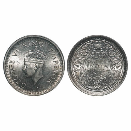 George VI, Half Silver, Half Rupee, 1944, Bombay Mint, B/III, Dot, Head Type II, Security