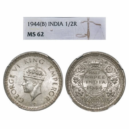 George VI, Half Silver, Half Rupee, 1944, Lahore Mint, B/II, 'L' raised, Head Type II, Sec