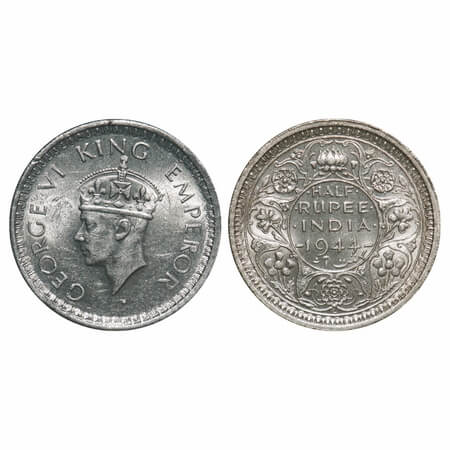 George VI, Half Silver, Half Rupee, 1944, Lahore Mint, B/II, 'L' raised, Head Type II, Sec
