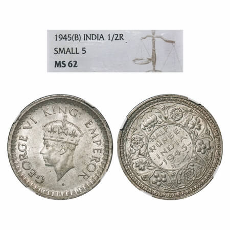 George VI, Half Silver, Half Rupee, 1945, Bombay Mint, B/II, Dot, Head Type II, Security e