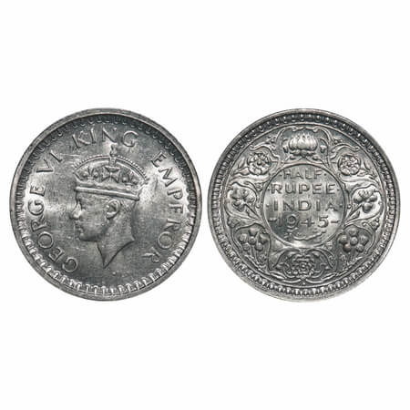 George VI, Half Silver, Half Rupee, 1945, Bombay Mint, B/II, Dot, Head Type II, Security e