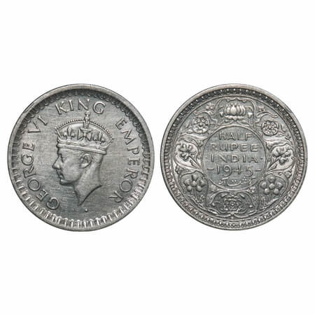 George VI, Half Silver, Half Rupee, 1945, Bombay Mint, B/II, Dot, Head Type II, Security e