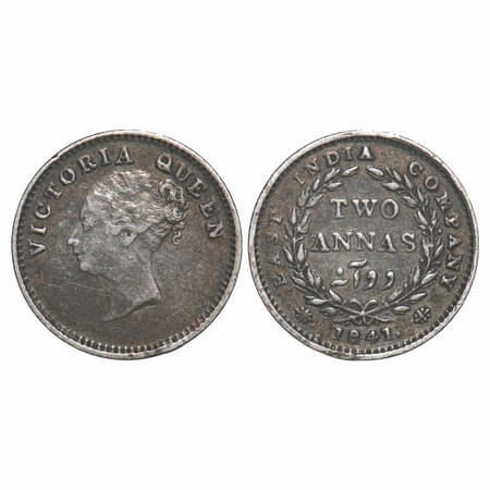 Victoria Queen, Silver, 2 Annas 1841, CL, Madras Mint, A(a)/I, 'S' incused, Plain edge. F.