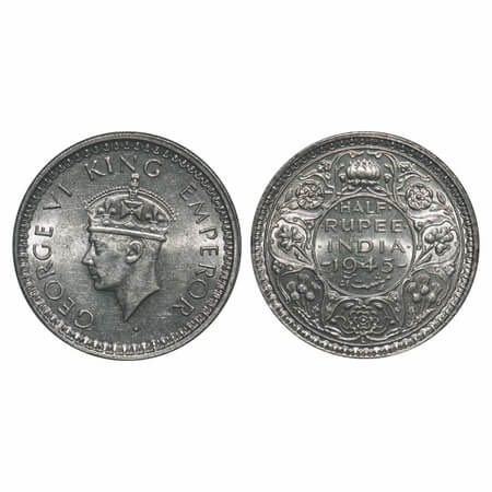 George VI, Half Silver, Half Rupee, 1945, Lahore Mint, B/II, 'L' raised, Head Type II, Sec