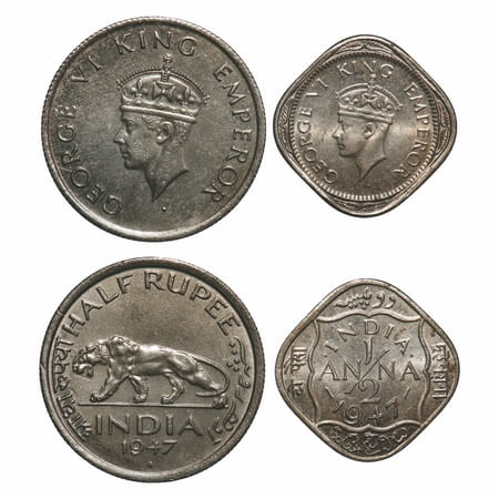 George VI, Mix Metal, (2 coins), 1947, 1) Nickel, Half Rupee, Bombay Mint, C/IV, Diamond, 