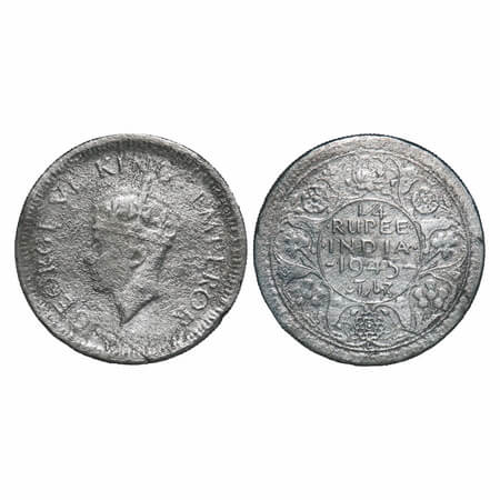 George VI, Silver, 1/4 Rupee, 1945, Lahore Mint, 'L' raised, Head Type II, Rev II, Securit