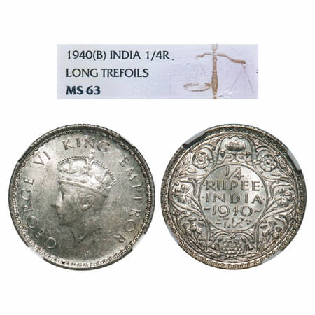 George VI, Half Silver, 1/4 Rupee, 1940, Bombay Mint, Dot, Head Type I, Rev I, Milled edge