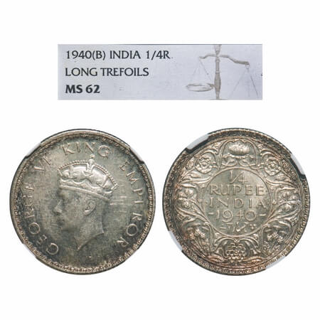 George VI, Half Silver, 1/4 Rupee, 1940, Bombay Mint, Dot, Head Type I, Rev I, Milled edge