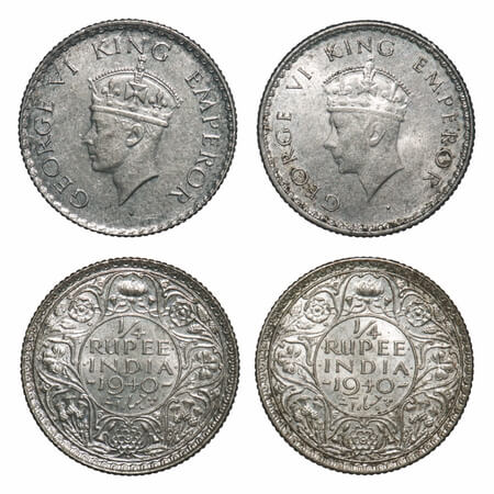 George VI, Half Silver, 1/4 Rupee, (2 coins), 1940, Bombay Mint, Dot Head Type I and Head 
