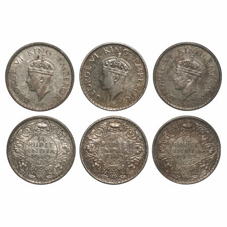 George VI, Half Silver, 1/4 Rupee, (3 coins), 1940, Bombay Mint, Head Type II, Rev I, Dot,