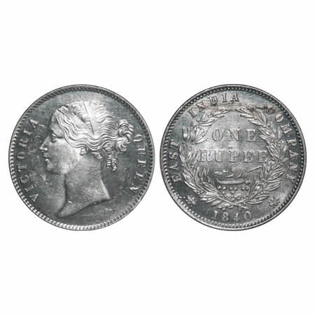 Victoria Queen, Silver, Rupee, 1840, DL, Calcutta Mint, .W.W raised, Wreath with 28 Berrie