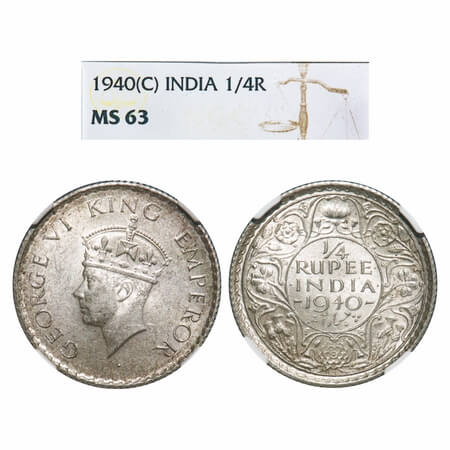 George VI, Half Silver, 1/4 Rupee, 1940, Calcutta Mint, No dot, Head Type II, Rev I, Mille