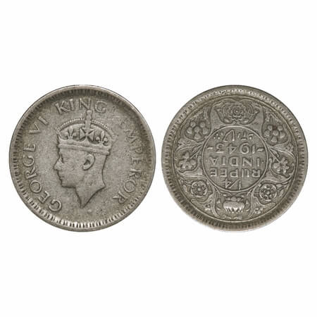 George VI, Half Silver, 1/4 Rupee, 1943, Bombay Mint, Dot, Head Type II, Rev II, Security