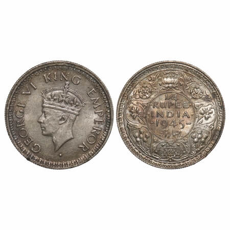 George VI, Half Silver, 1/4 Rupee, 1945, Bombay Mint, Dot, Head Type II, Rev II, Security