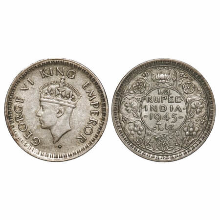 George VI, Half Silver, 1/4 Rupee, 1945, Bombay Mint, Dot, Head Type II, Rev II, Security