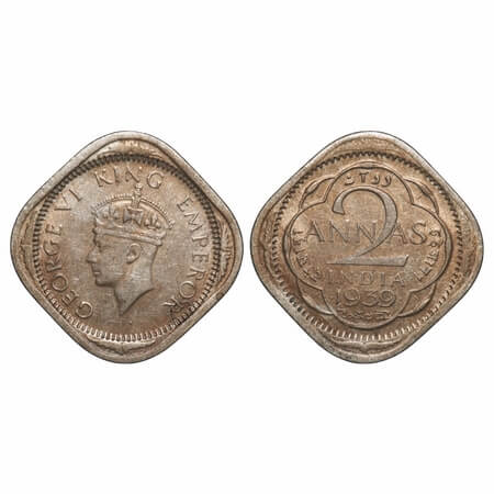 George VI, Copper-Nickel, 2 Annas, 1939, Bombay Mint, Dots by year, Head Type II. F. Prid 