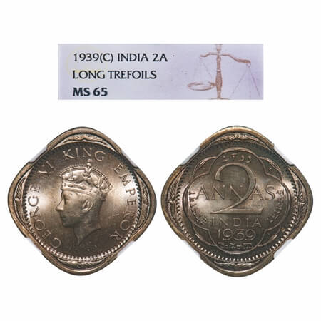 George VI, Copper-Nickel, 2 Annas, 1939, Calcutta Mint, No dots by year, Head Type I. F. P
