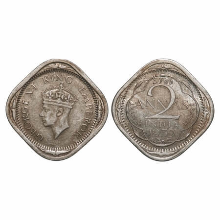 George VI, Copper-Nickel, 2 Annas, 1939, Calcutta Mint, No dots by year, Head Type II. F. 