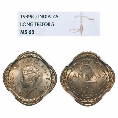 George VI, Copper-Nickel, 2 Annas, 1939, Calcutta Mint, No dots by year, Head Type I. F. P