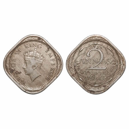 George VI, Copper-Nickel, 2 Annas, 1940, Bombay Mint, Dots by year, Head Type I. F. Prid U