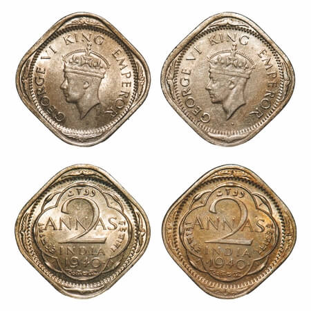 George VI, Copper-Nickel, 2 Annas, (2 coins), 1940, Bombay Mint, Dots by year, Head Type I